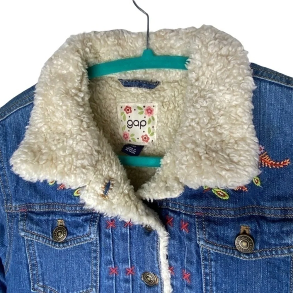 GAP Girls Jean Jacket Denim Blue Faux Sherpa Lined Floral Embroidered Size XL 12